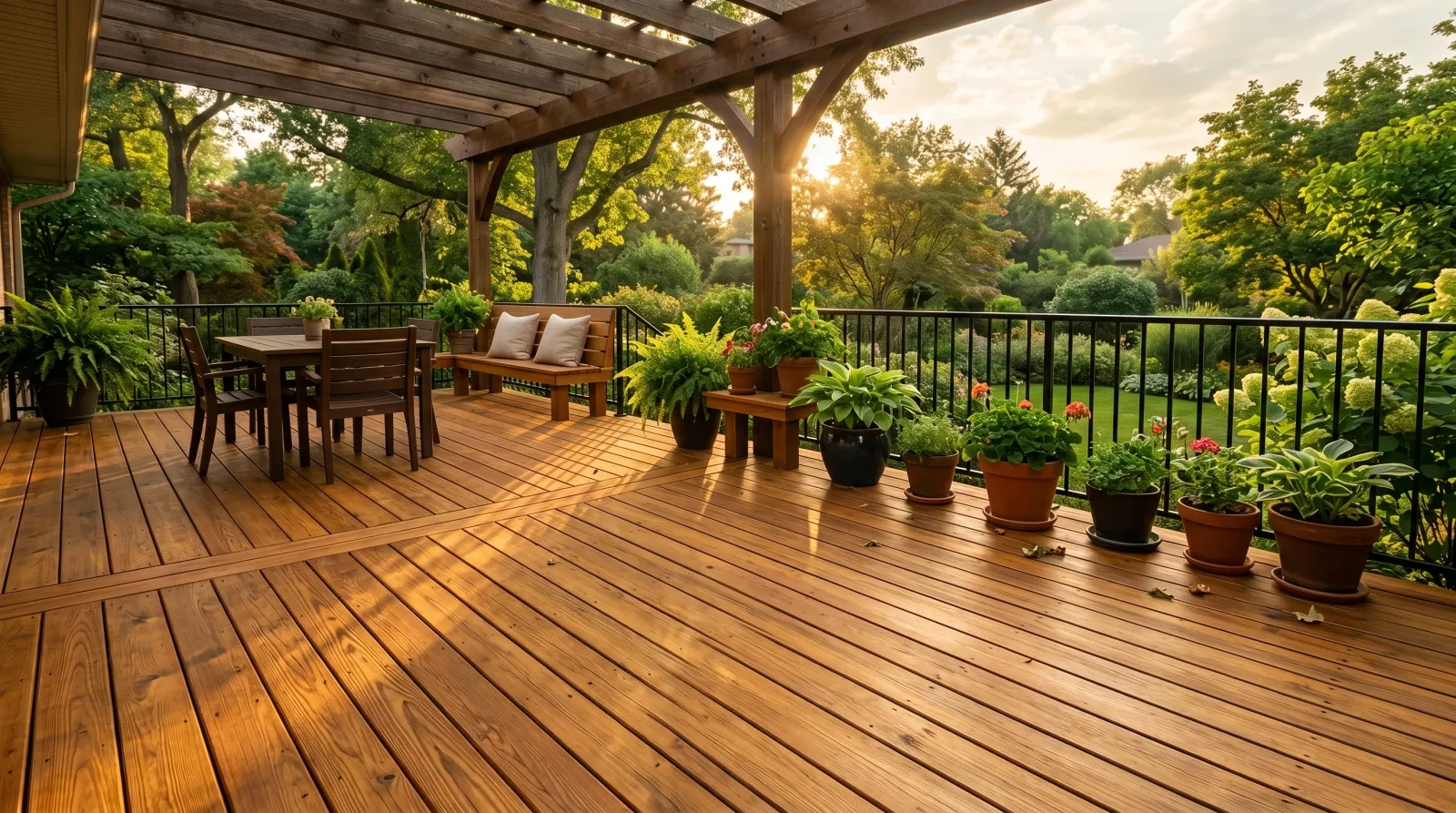 Freshly stained cedar deck glowing honey-brown in late afternoon sun, wood grain visible through the finish