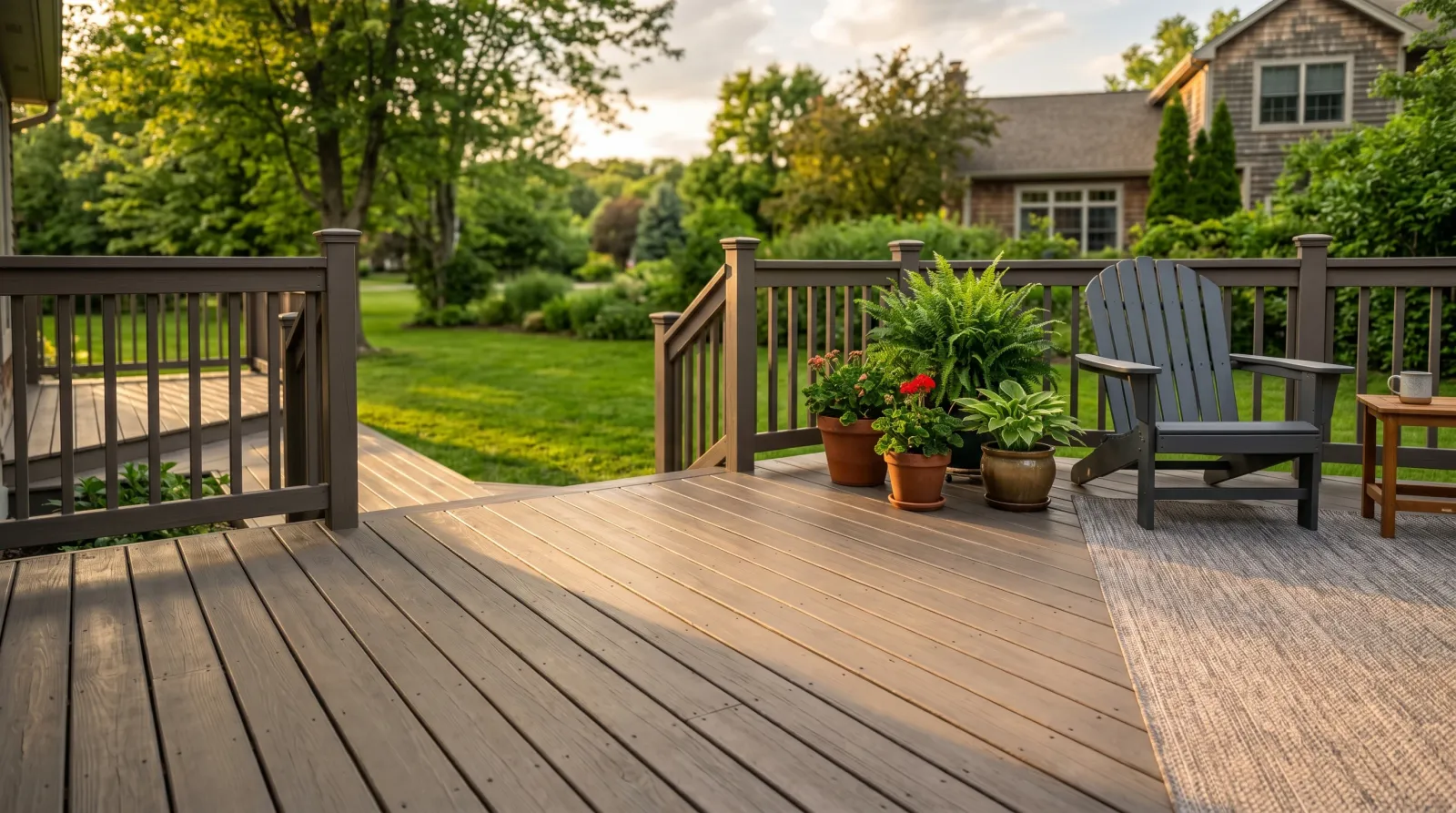 Freshly stained backyard wood deck in a solid gray-brown opaque finish, late-afternoon daylight raking across the boards