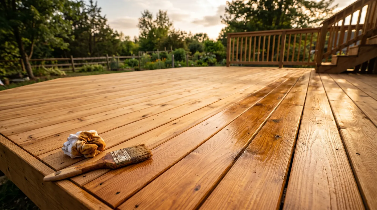 Freshly stained bare cedar deck showing a transparent honey-amber tone with visible wood grain in warm late-afternoon light