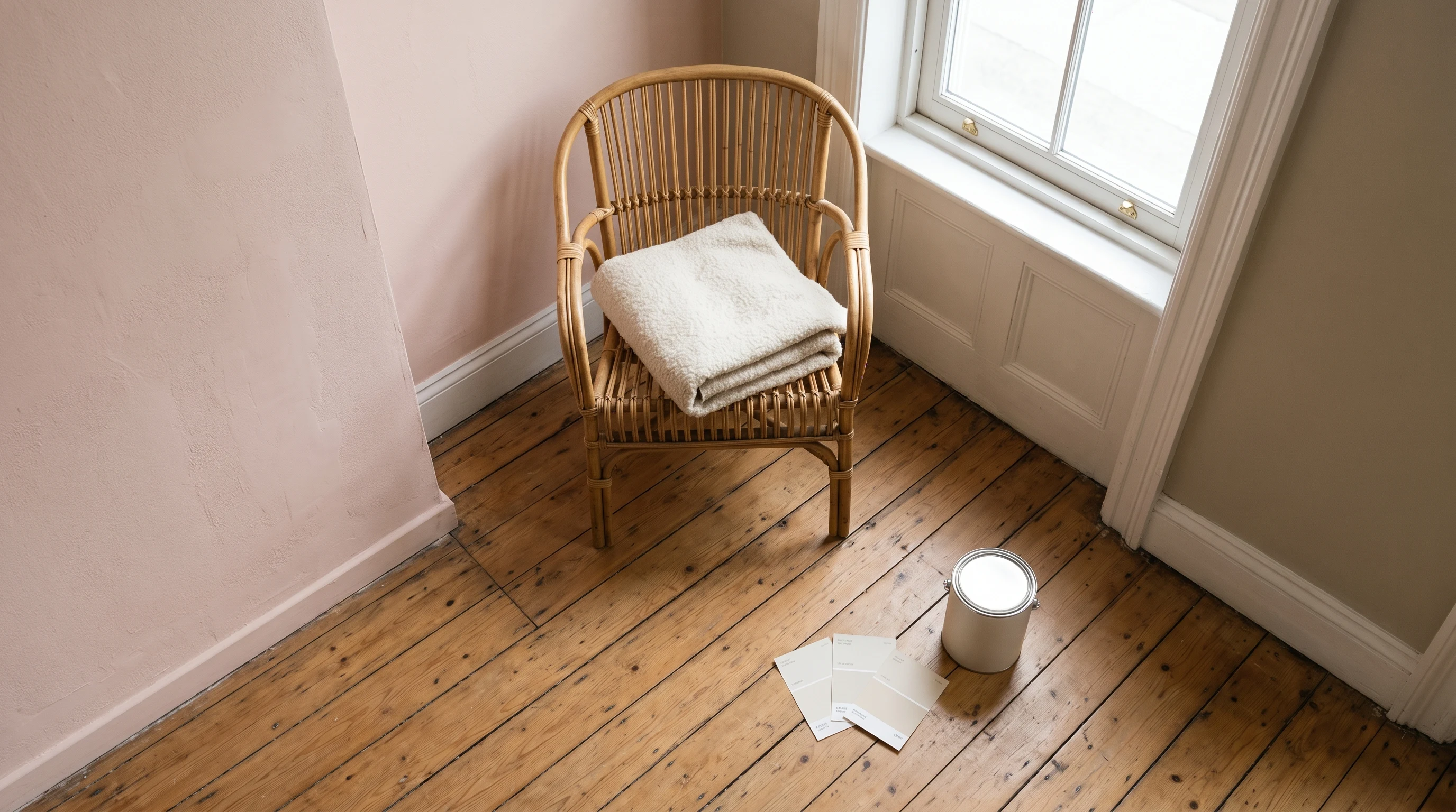 A quiet apartment corner with a soft blush-pink wall meeting a warm putty-greige wall in late-morning light, with peel-and-stick swatches and a single unlabeled paint can on the floor
