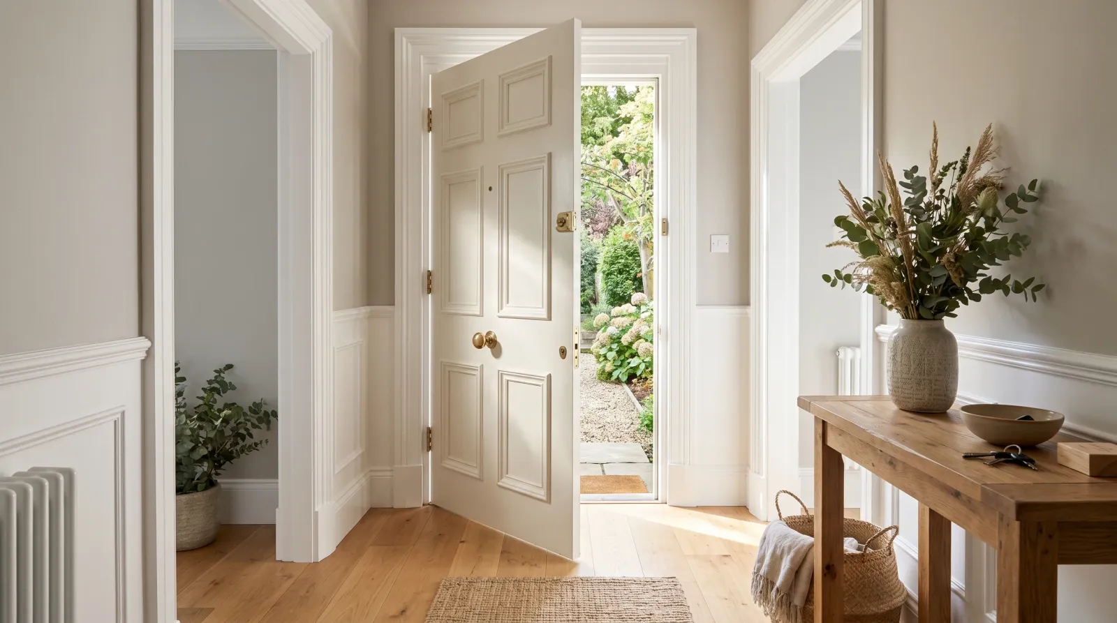Sunlit entryway with crisp white trim and a paneled front door in a gentle low semi-gloss sheen under raking daylight