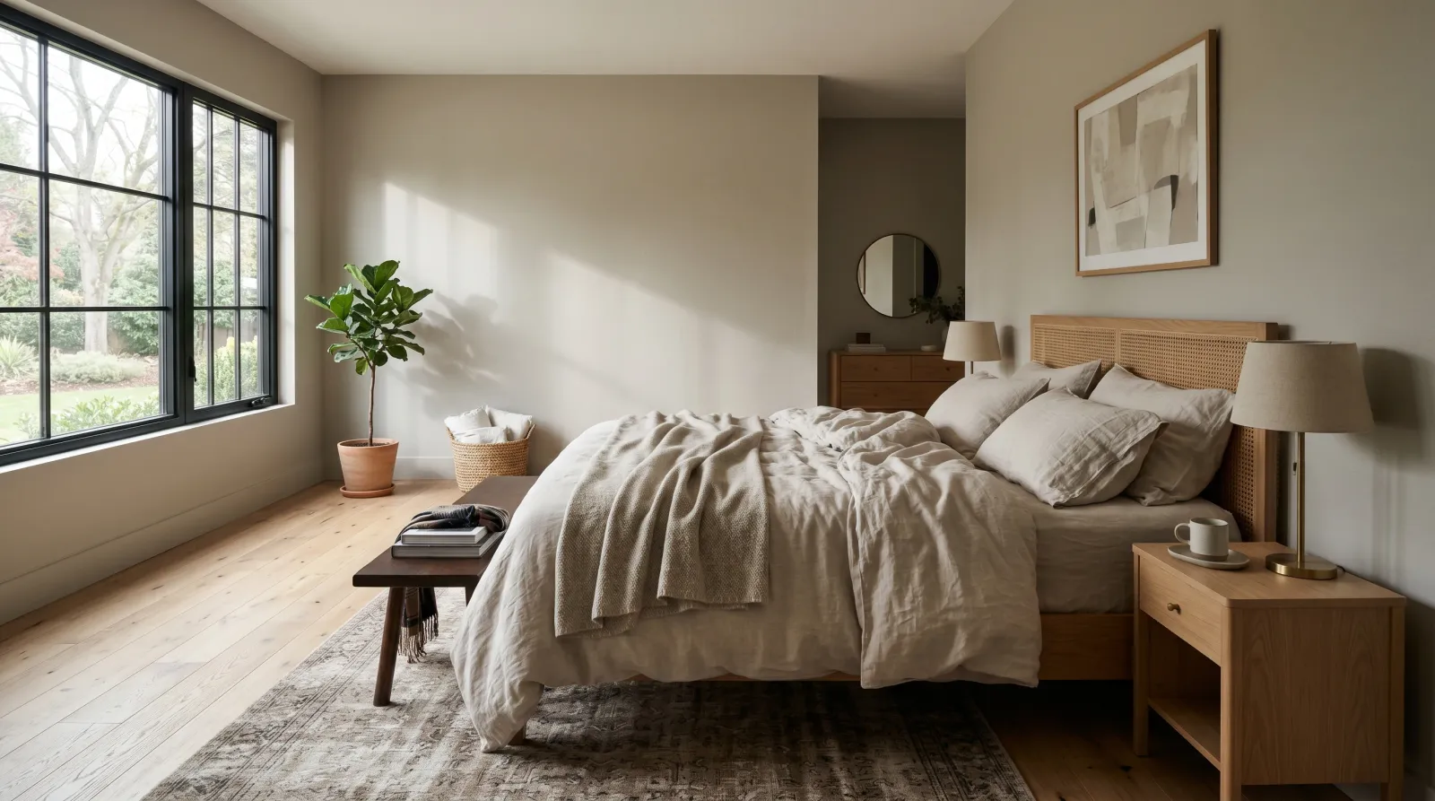 Soft warm-greige bedroom wall in low eggshell sheen under raking morning daylight, linen bed and oak floor