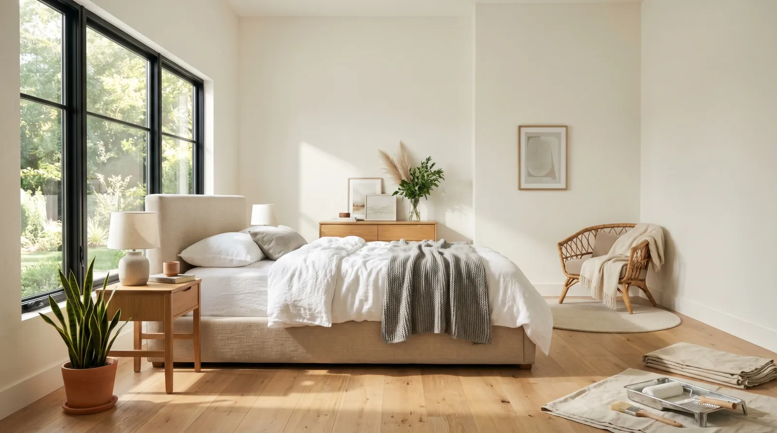 Sunlit modern bedroom with freshly painted soft warm-white walls and morning light across the floor