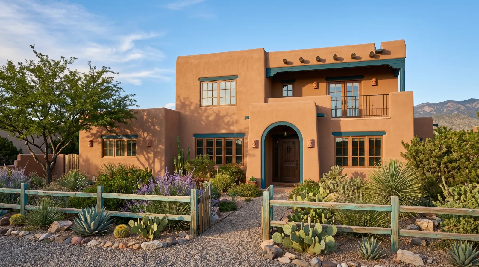 Freshly repainted Southwest stucco house with earth-tone walls and crisp painted trim in warm afternoon daylight