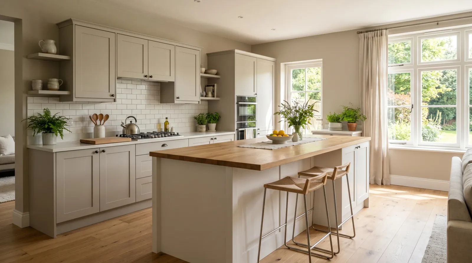 Sunlit modern kitchen with freshly painted soft greige matte walls and a wood island in late-morning light