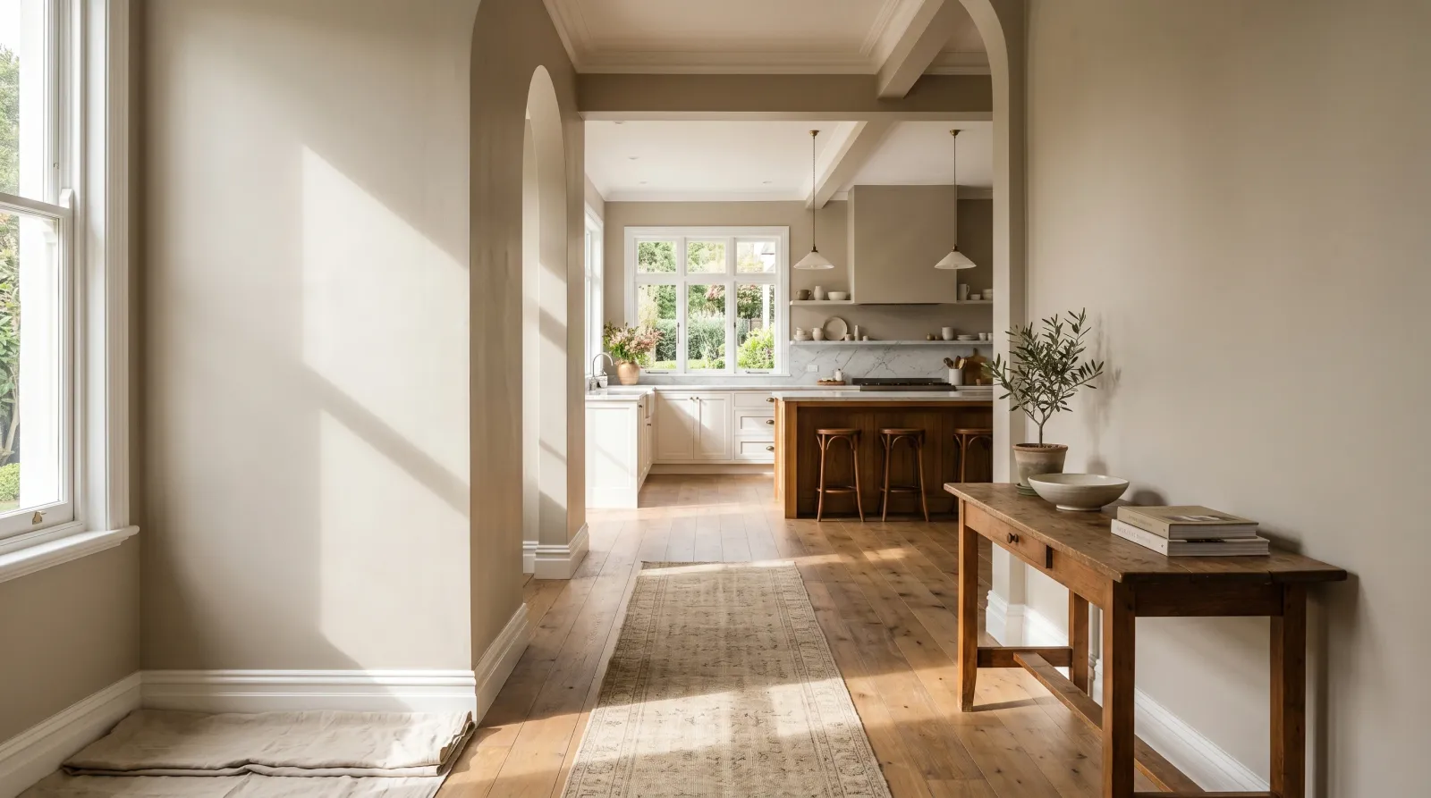 Sunlit kitchen and hallway with smooth freshly painted warm-greige walls in late-morning light