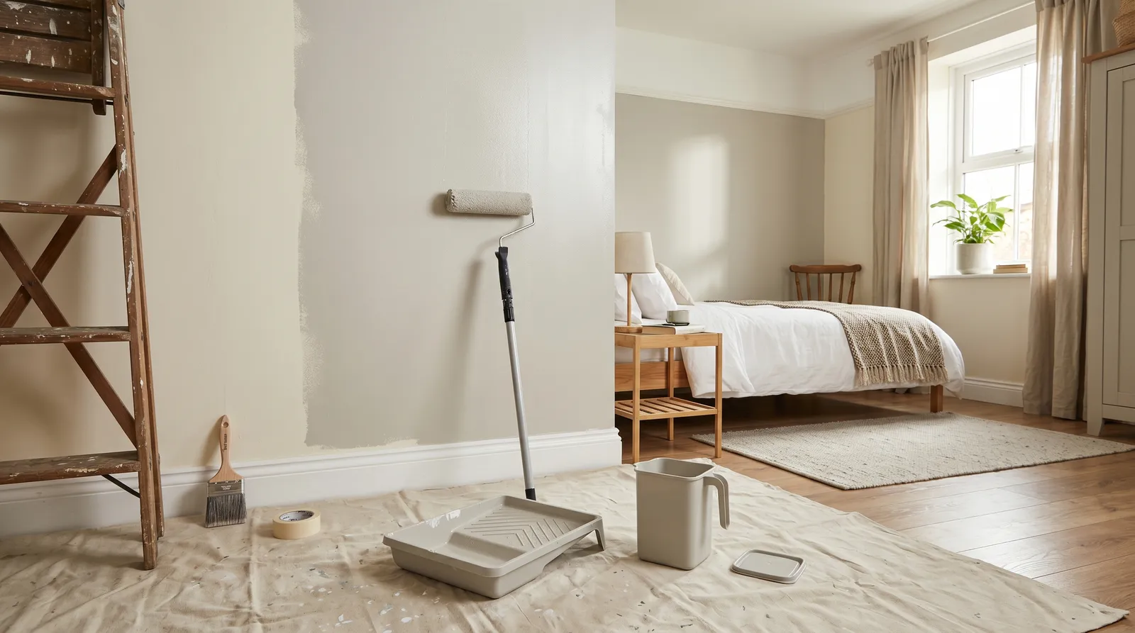 Bright bedroom mid-repaint with a freshly rolled light greige wall, resealable paint jug and tray on a drop cloth in daylight