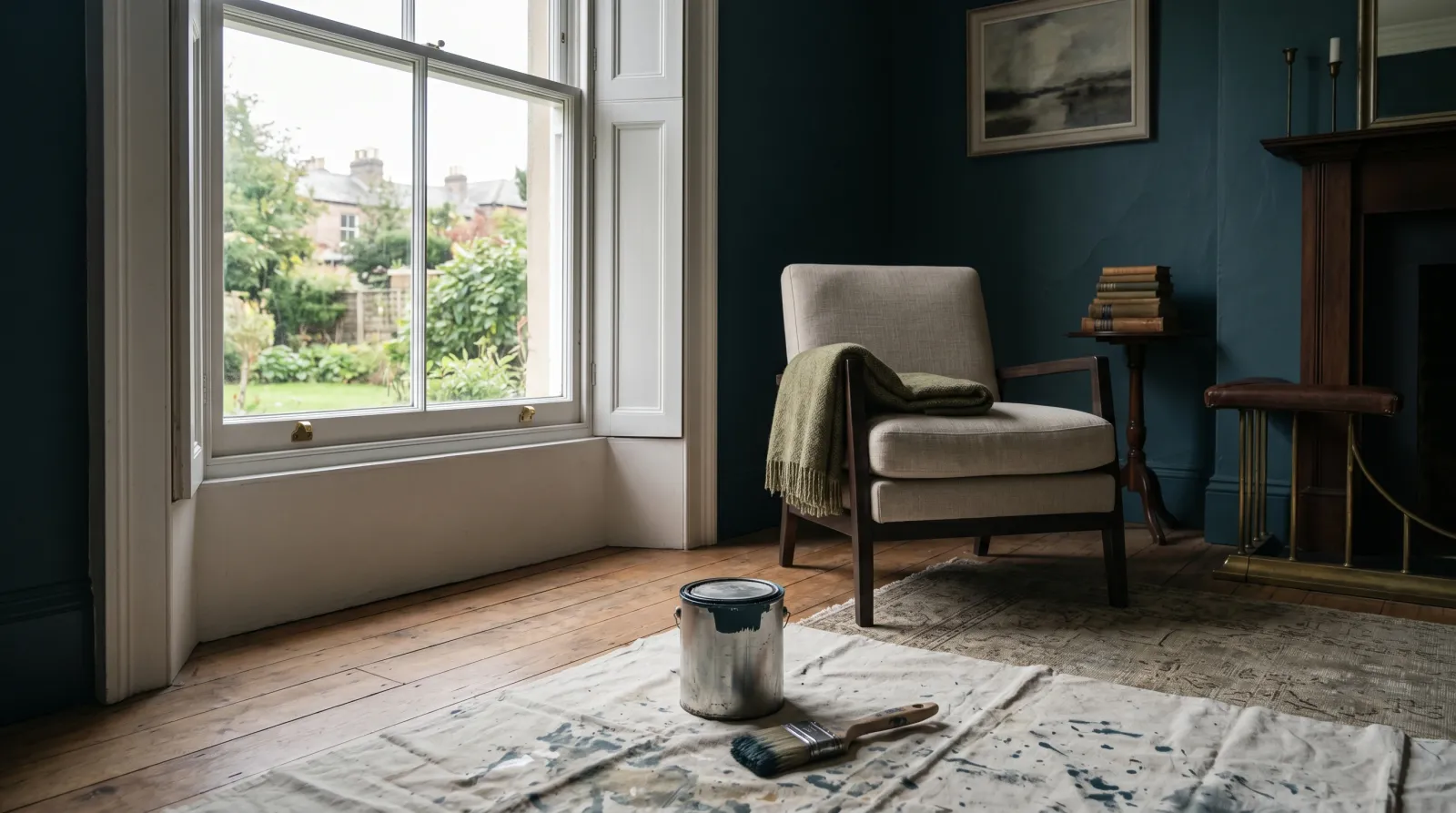 Deep blue-green near-matt walls in a quiet sitting room with soft side daylight from a tall sash window