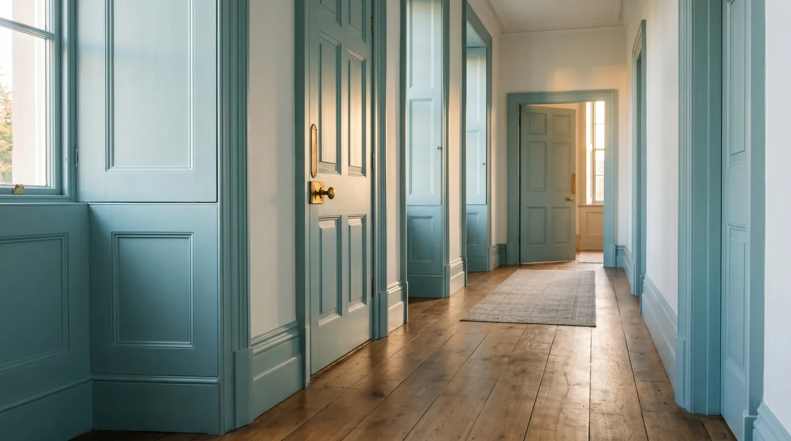 Hallway with paneled doors and deep skirting in a soft chalky blue-green low-sheen finish, late-afternoon light raking across the woodwork