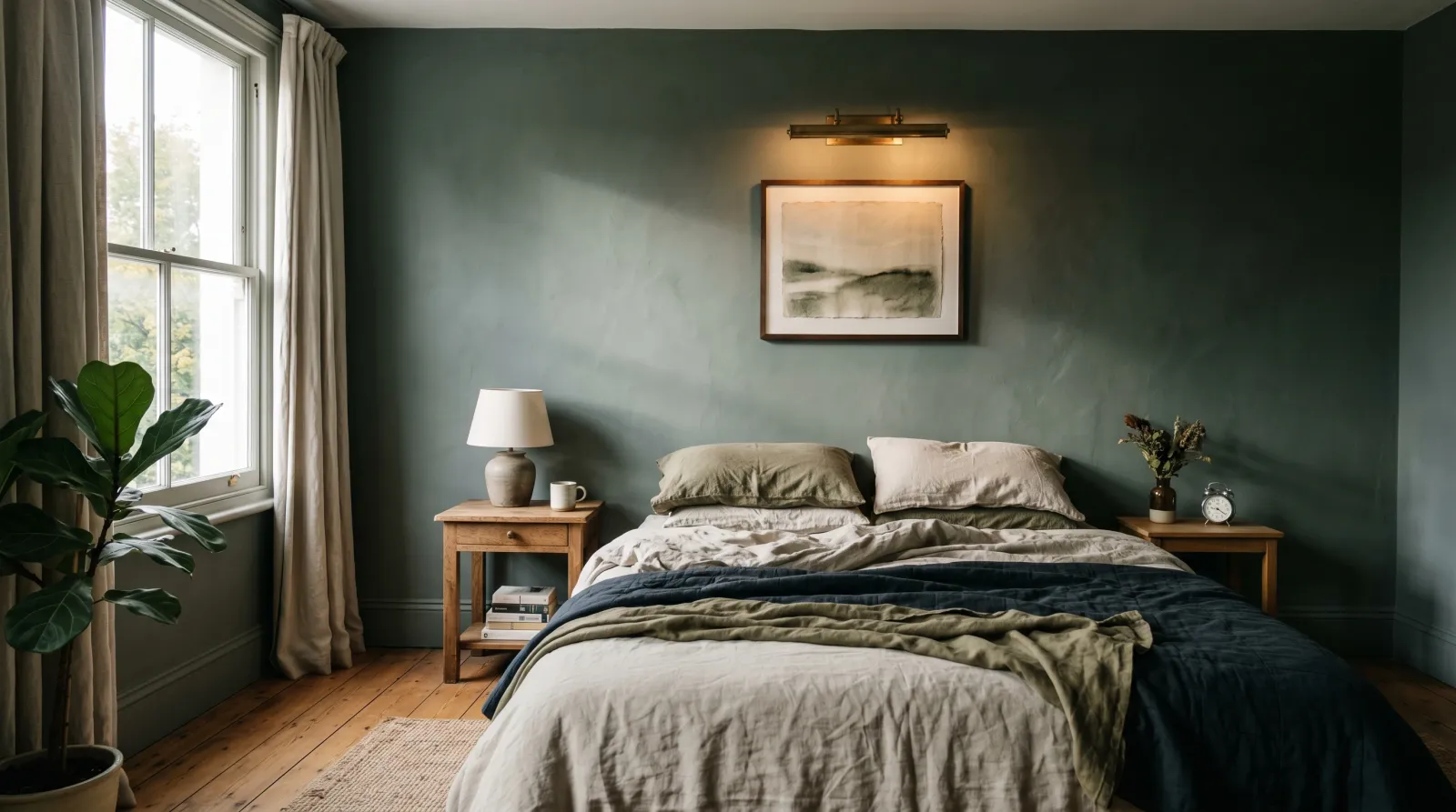 North-facing bedroom with deep chalky green-gray matte walls in soft morning light, linen bedding and warm wood floor