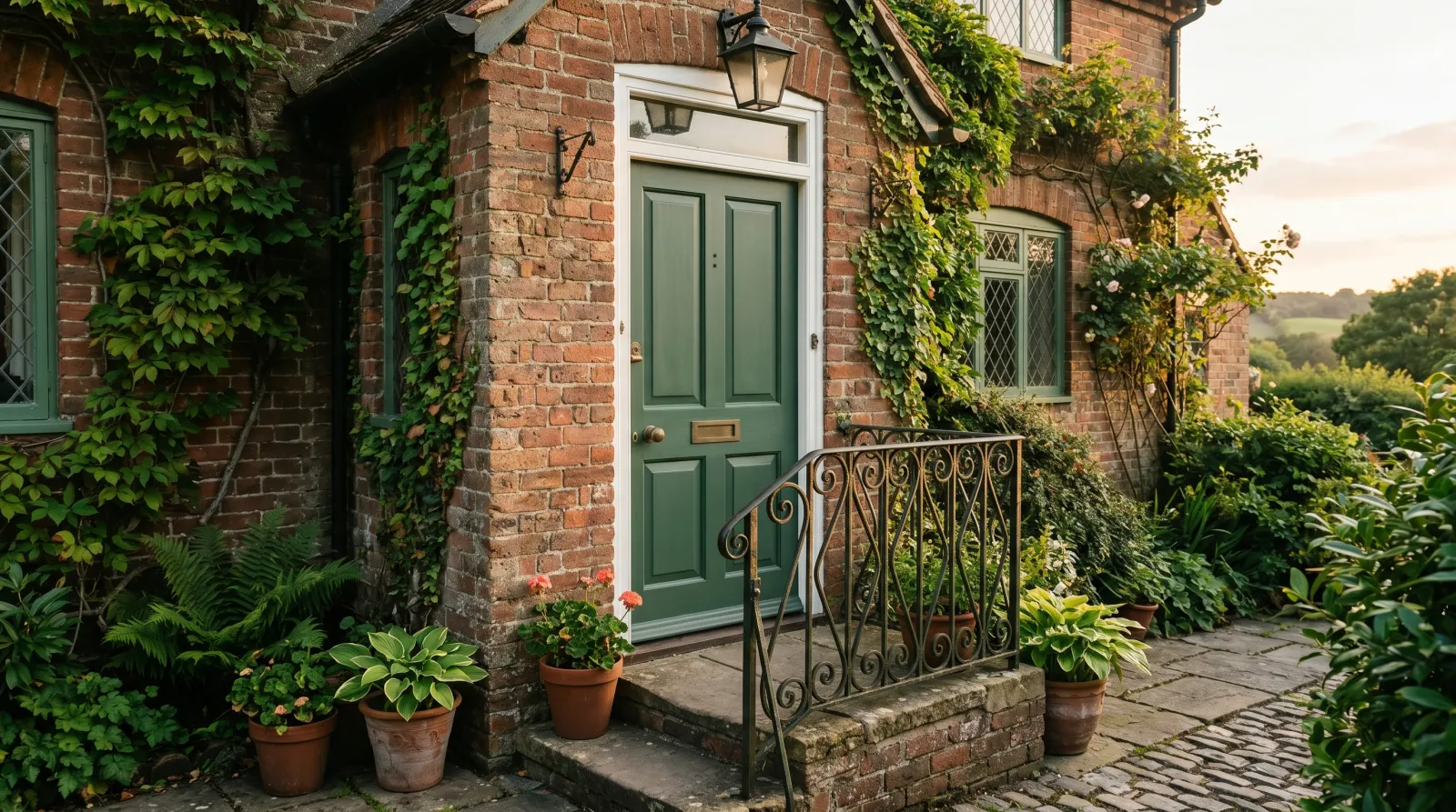 Freshly repainted deep green cottage front door with a soft low-sheen finish beside a black iron railing in late-afternoon light