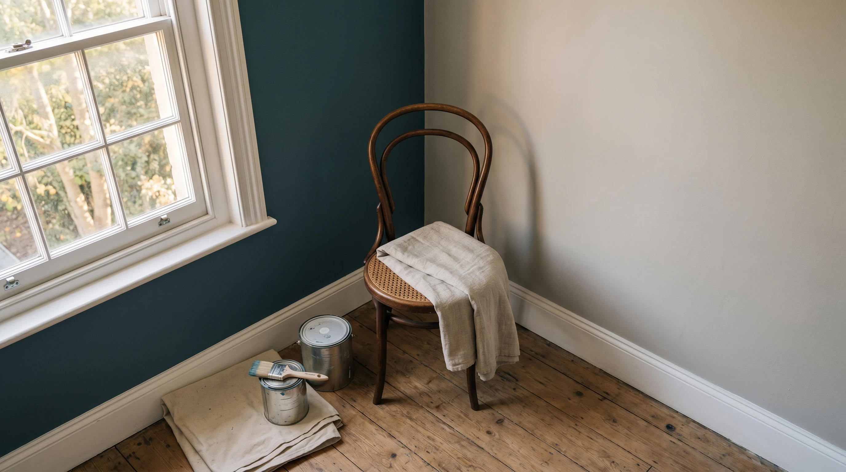 A quiet room corner with a deep blue-green wall meeting a soft warm-grey wall in late-afternoon light, two unlabeled paint cans and a sash brush near a folded drop cloth