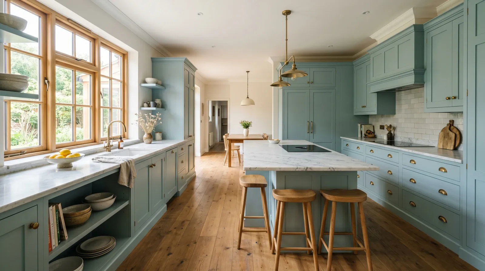 Sunlit kitchen with soft blue-green eggshell cabinets catching warm daylight, brass pulls and an oak floor