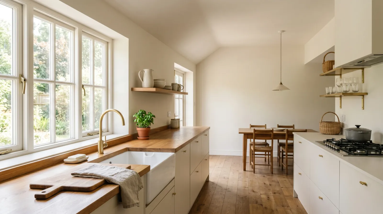 Bright kitchen with soft warm off-white matte walls and ceiling in late-morning daylight, brass faucet and open shelf of ceramics