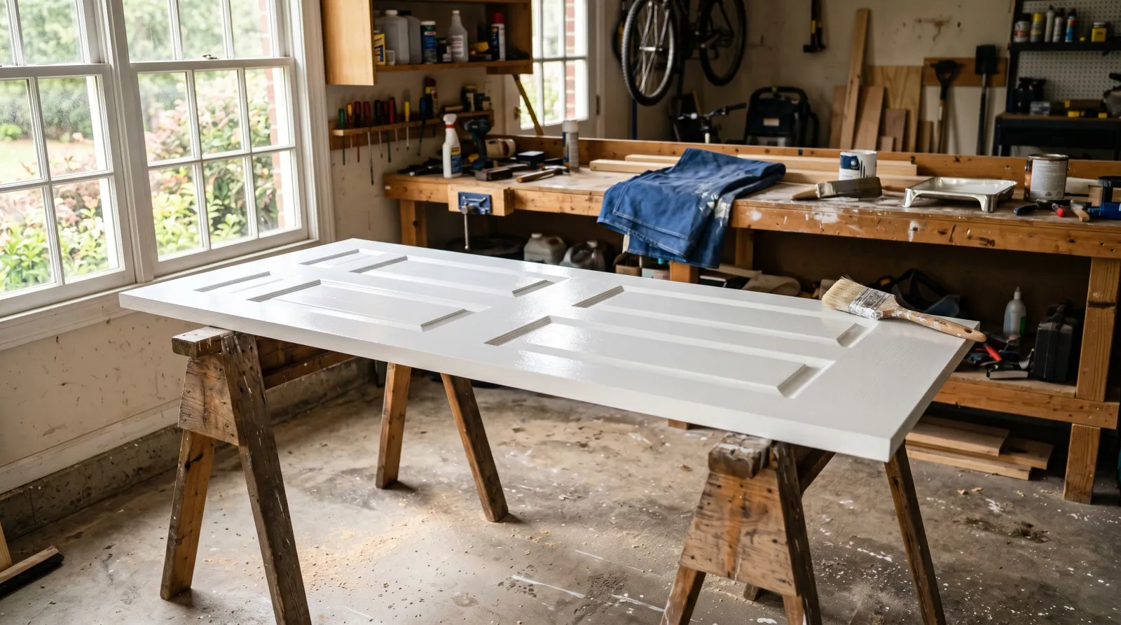 Freshly painted white six-panel door drying on sawhorses in a sunlit garage with a brush and drop cloth in the background