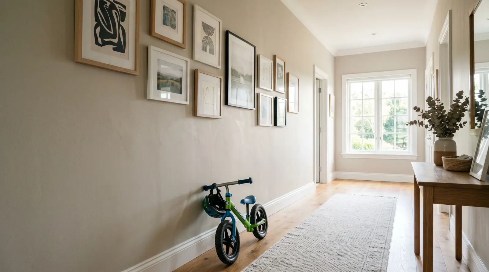 Bright family hallway with a freshly painted warm greige wall in morning daylight
