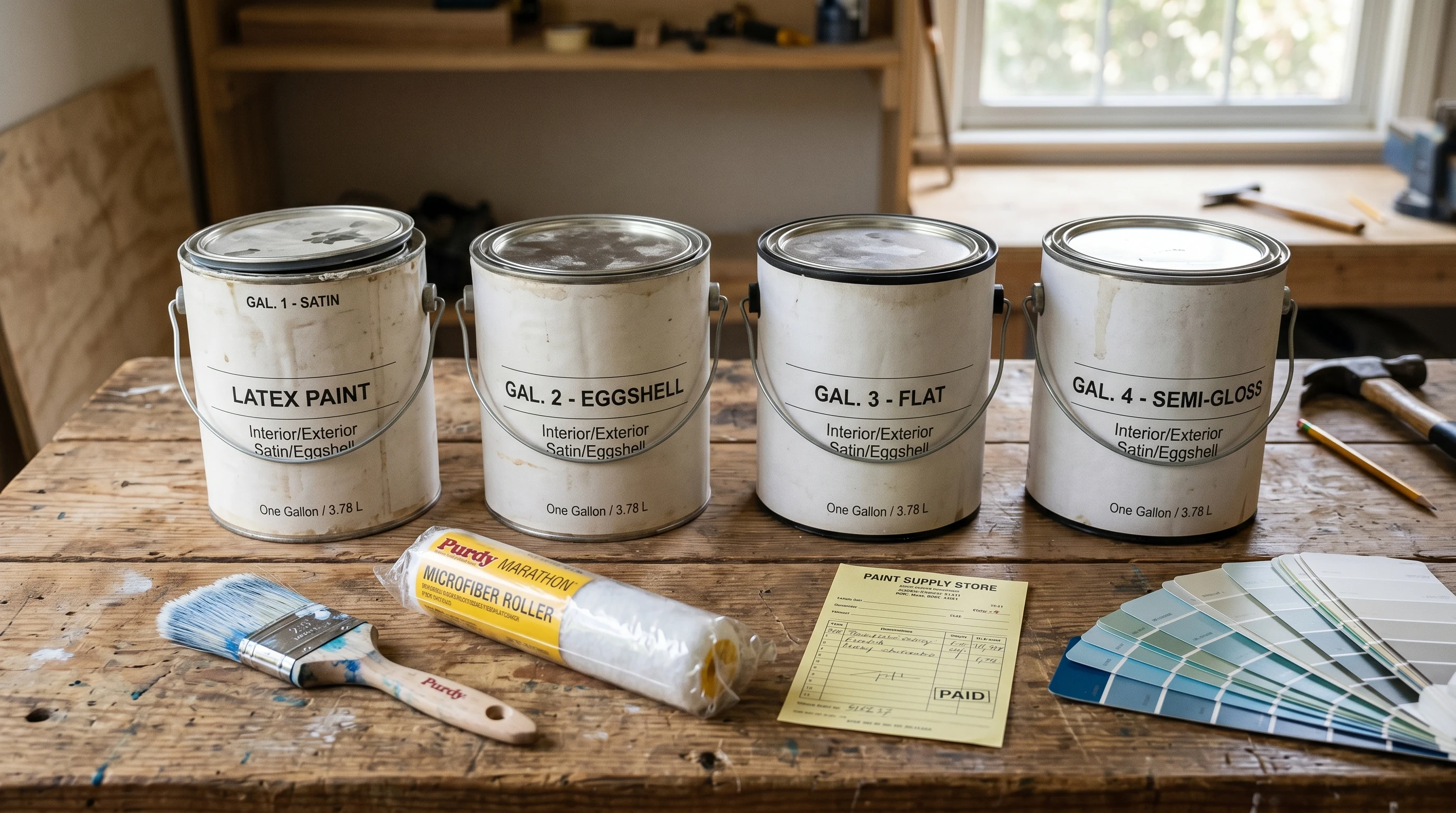 Four paint cans staged on a workbench with a brush, roller cover, receipt, and a fan of color-deck strips