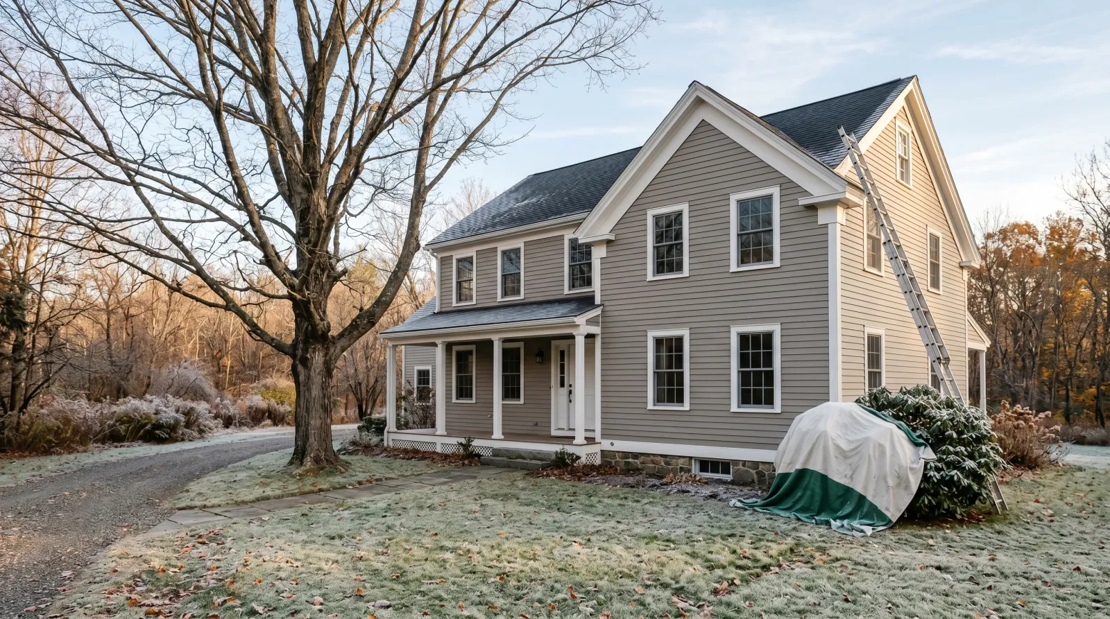 Freshly repainted gray clapboard house on a frosty late-autumn morning, ladder against the gable and drop cloth over a shrub