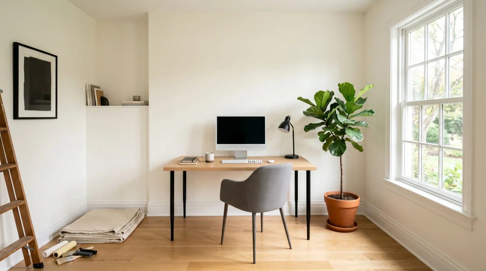 Freshly painted soft-white home office in morning daylight with a desk, houseplant, and folded drop cloth in the corner