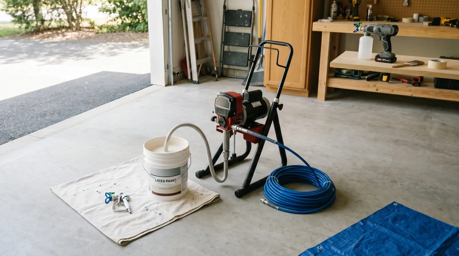 Stand-mounted airless paint sprayer staged with a 5-gallon paint pail, coiled hose, and spray gun on a clean garage floor in raking afternoon light, with a handheld cordless sprayer on a workbench behind