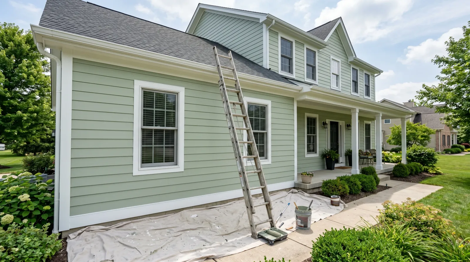 Freshly sprayed two-story house exterior with even siding in clean daylight, ladder and drop cloth in foreground