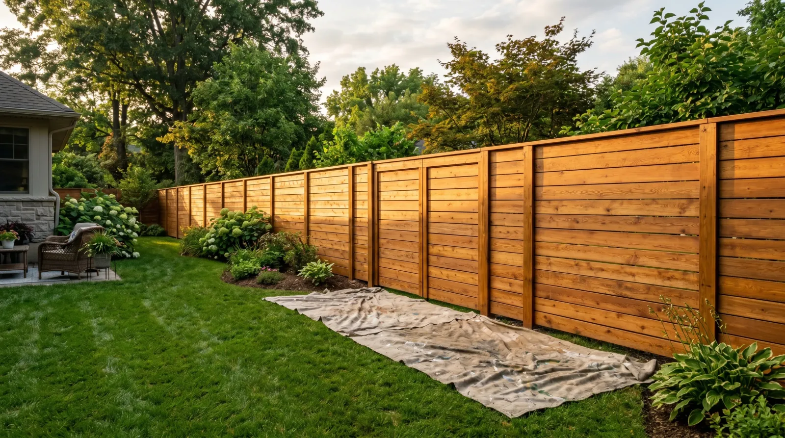 Freshly stained cedar privacy fence in a backyard under raking late-afternoon light, drop cloth on the grass