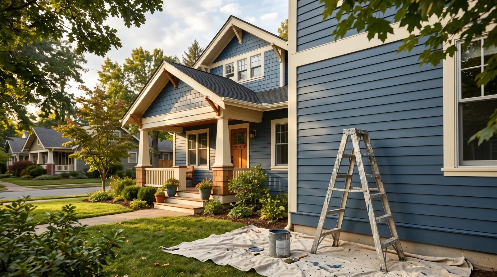 Freshly sprayed craftsman house exterior with even siding in late-afternoon light, ladder and drop cloth in foreground