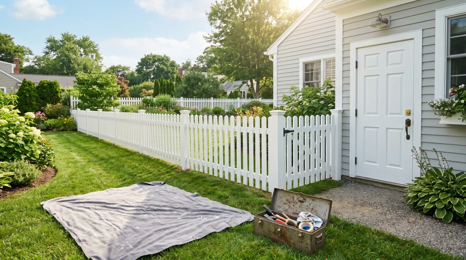 Freshly sprayed white picket fence and exterior door in a sunlit backyard with a drop cloth on the grass