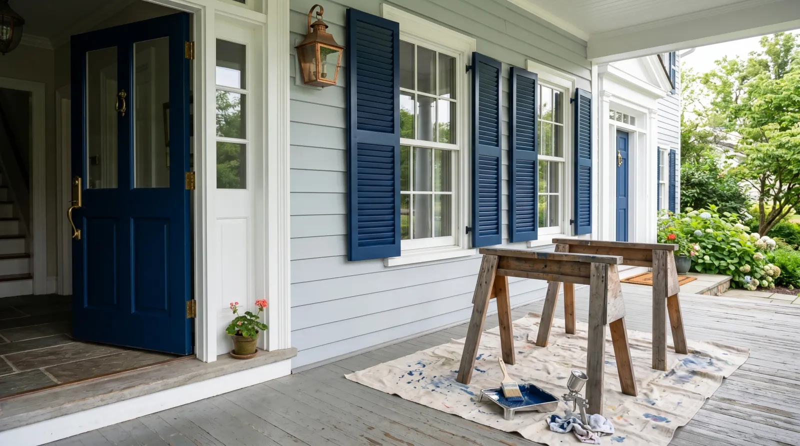 Freshly sprayed shutters and a front door drying on a porch in soft morning light with a drop cloth and sawhorses in the foreground