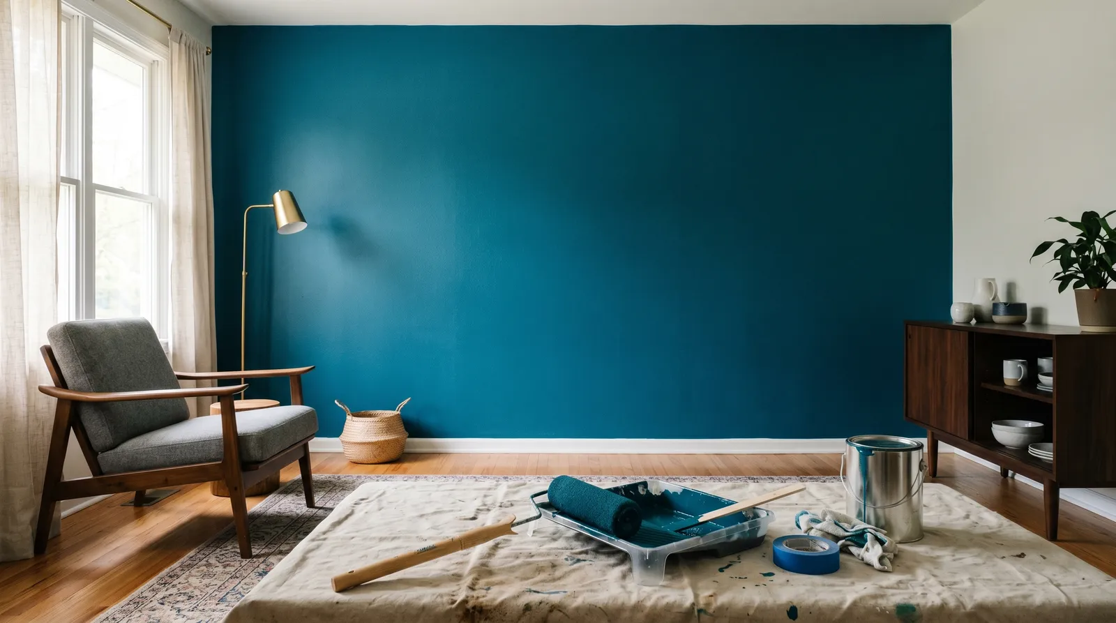 Roller mid-stroke on a bedroom wall in a soft warm neutral, paint tray on a drop cloth in daylight
