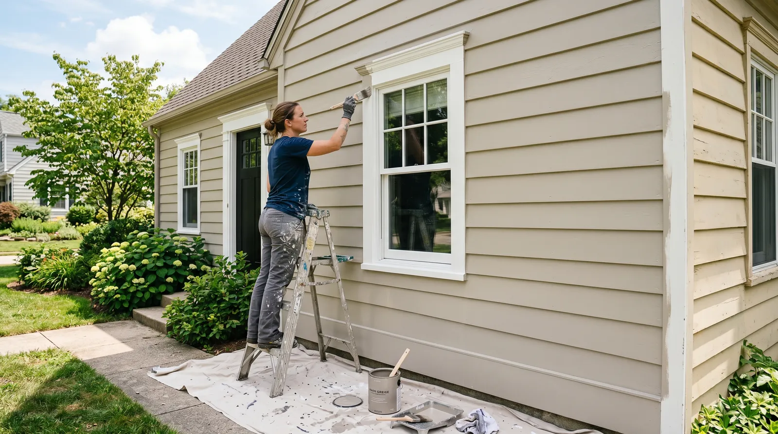 House exterior mid-repaint, lap siding freshly coated in a warm greige with a brush cutting in at white trim in bright daylight