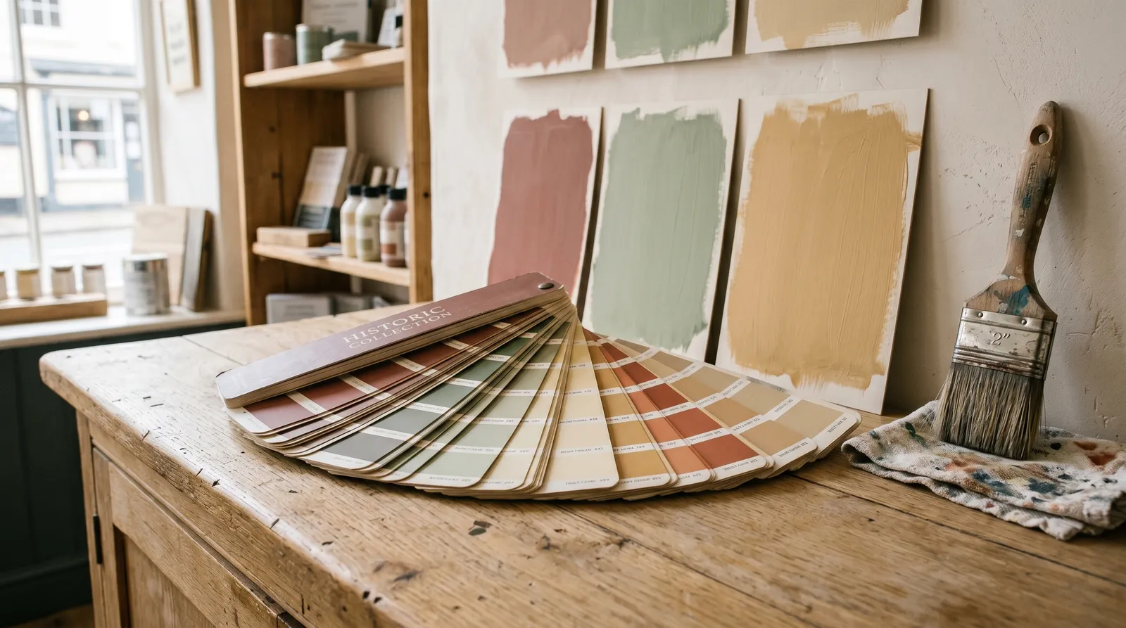 A fan deck of warm heritage paint chips spread open on an oak counter with brushed board samples against a plaster wall