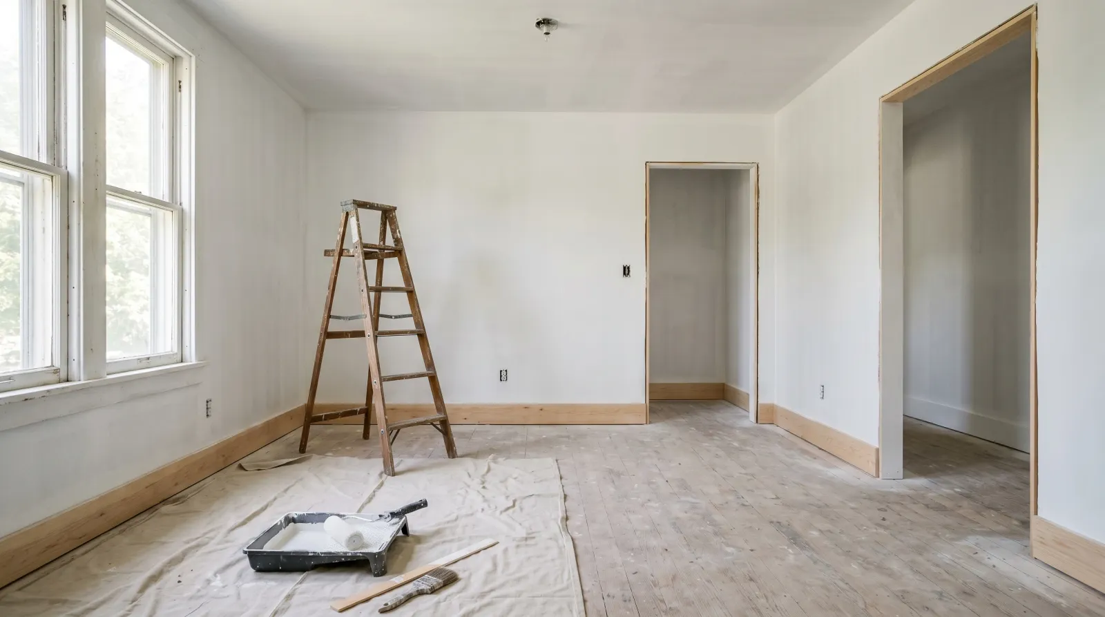 Interior room with walls freshly coated in flat white primer, roller and tray on a drop cloth, daylight from a window