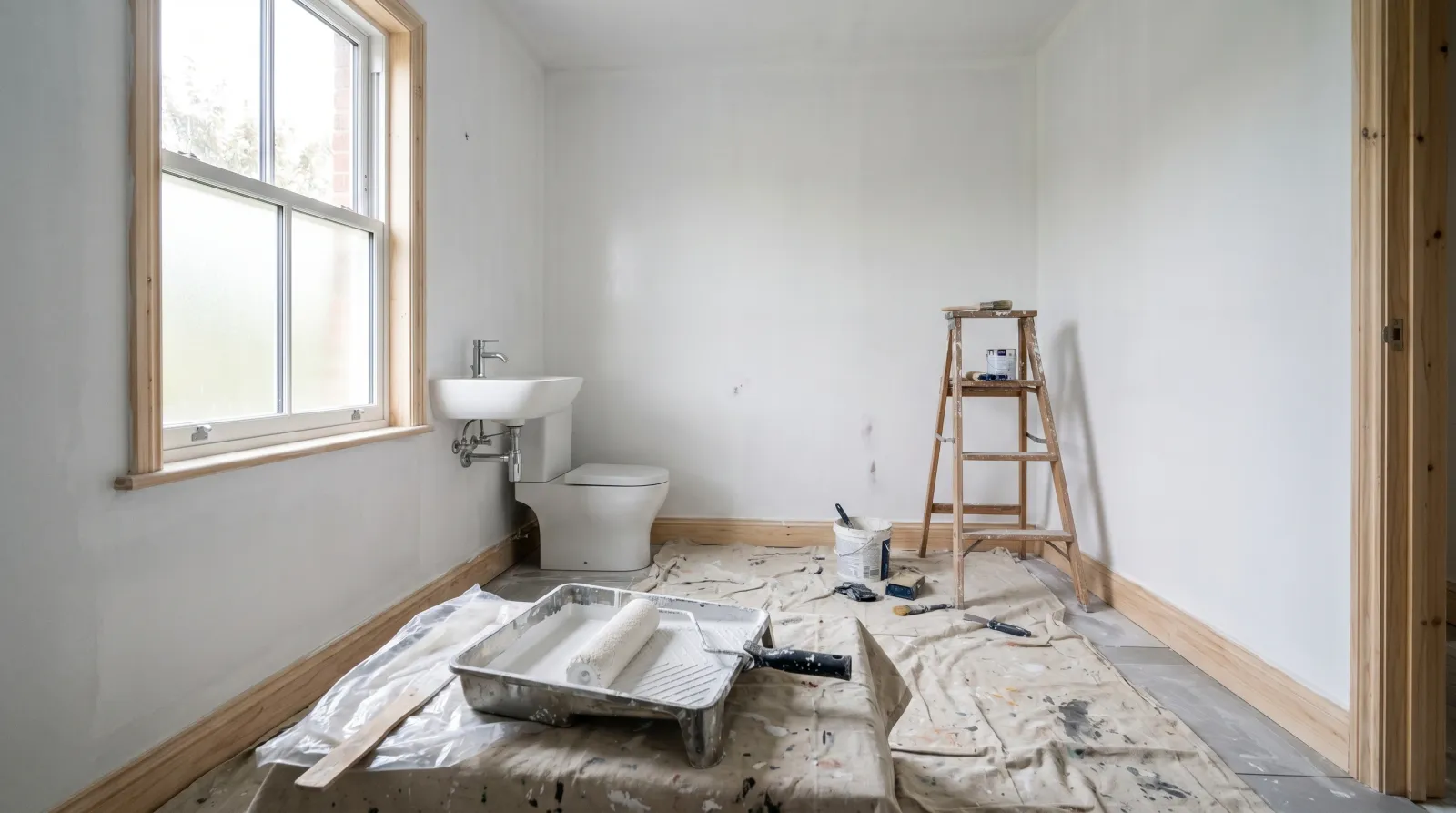 Moisture-prone room with walls freshly coated in flat white primer, roller and tray on a drop cloth, daylight from a window