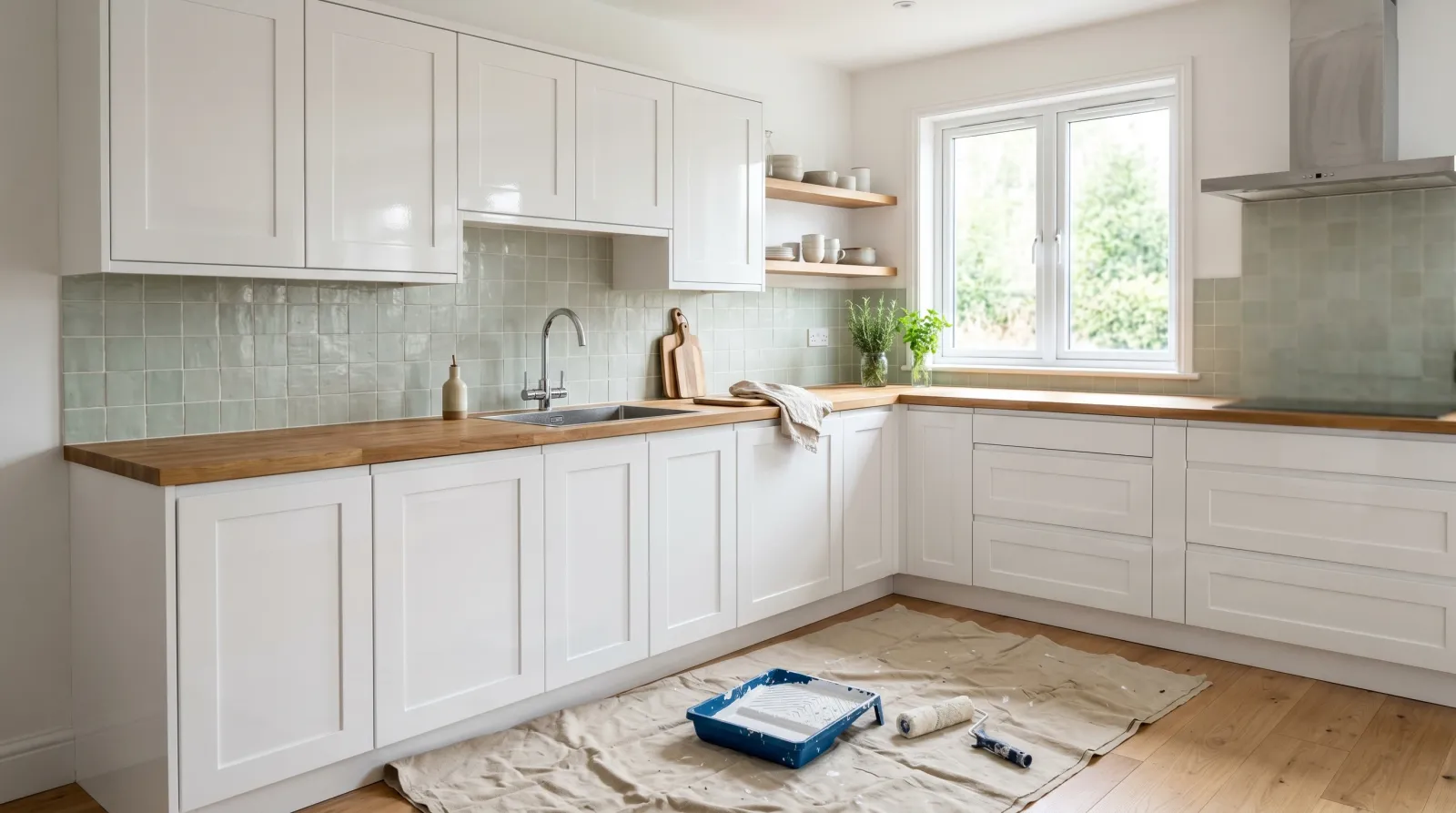 Sunlit kitchen with freshly repainted glossy white cabinets and a tiled backsplash, roller and tray on a drop cloth in the foreground