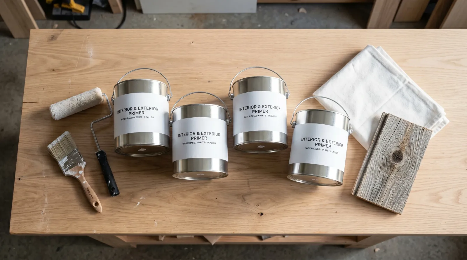 Four primer cans on a wood workbench with brush, roller, and a weathered cedar siding offcut