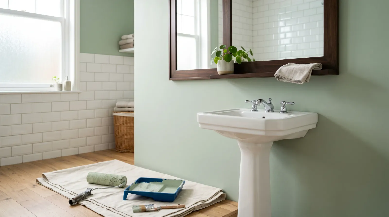 Freshly repainted bright bathroom in morning daylight with a clean wall behind a white sink and a roller on a drop cloth in the foreground