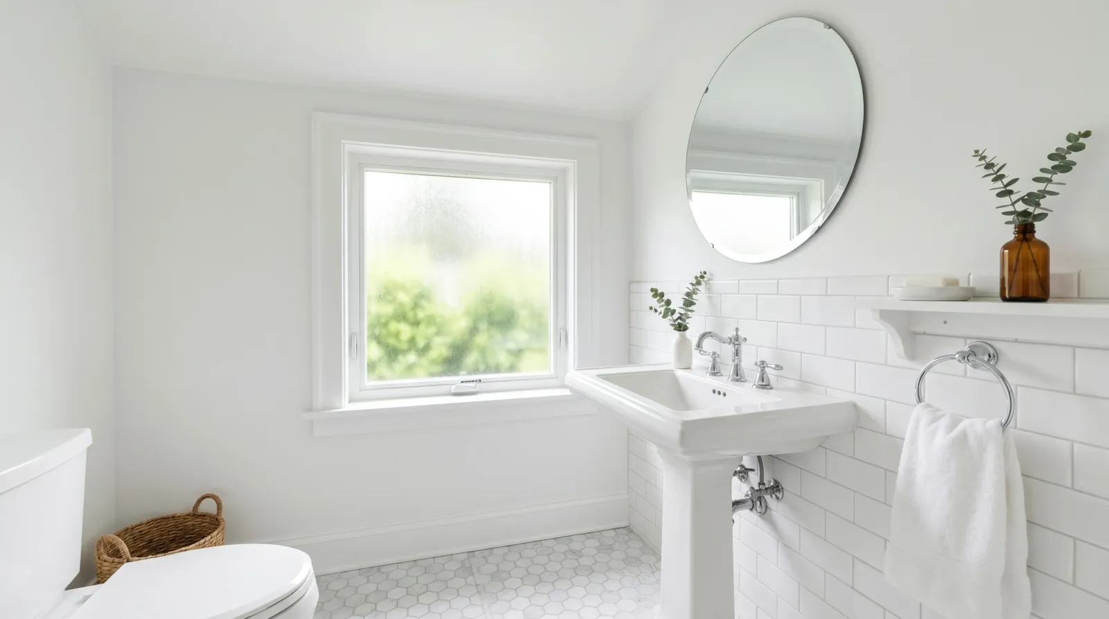 Freshly repainted bright bathroom with crisp white ceiling and walls in soft daylight, subway tile and pedestal sink