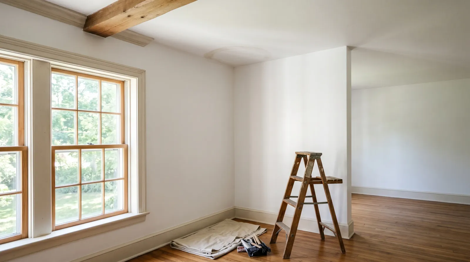 Sunlit older-home ceiling corner freshly sealed and repainted clean white where a water stain used to be, stepladder and drop cloth in foreground
