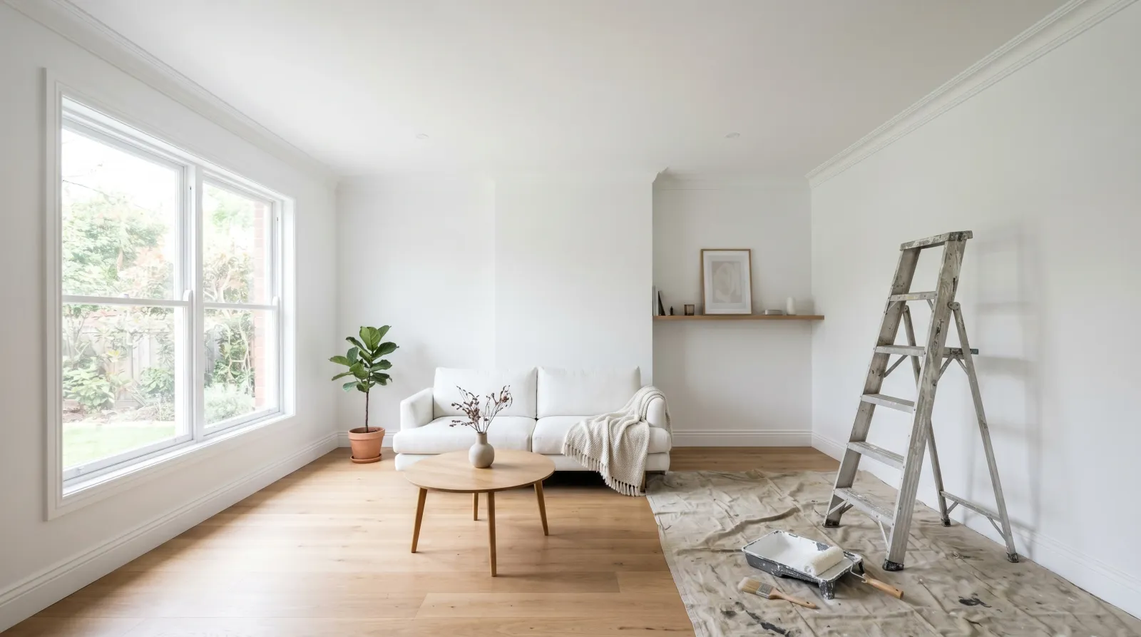 Bright room with a freshly repainted clean white ceiling and upper wall, stepladder and roller tray on a drop cloth in the corner under soft daylight