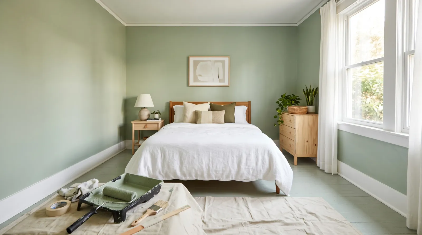 Sunlit bedroom with freshly painted soft sage-green walls, roller and tray on a drop cloth in the foreground