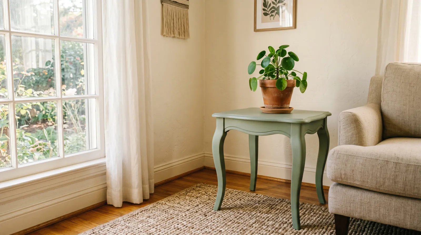A small thrifted side table refinished in soft matte sage green in a sunlit corner with a potted plant on top