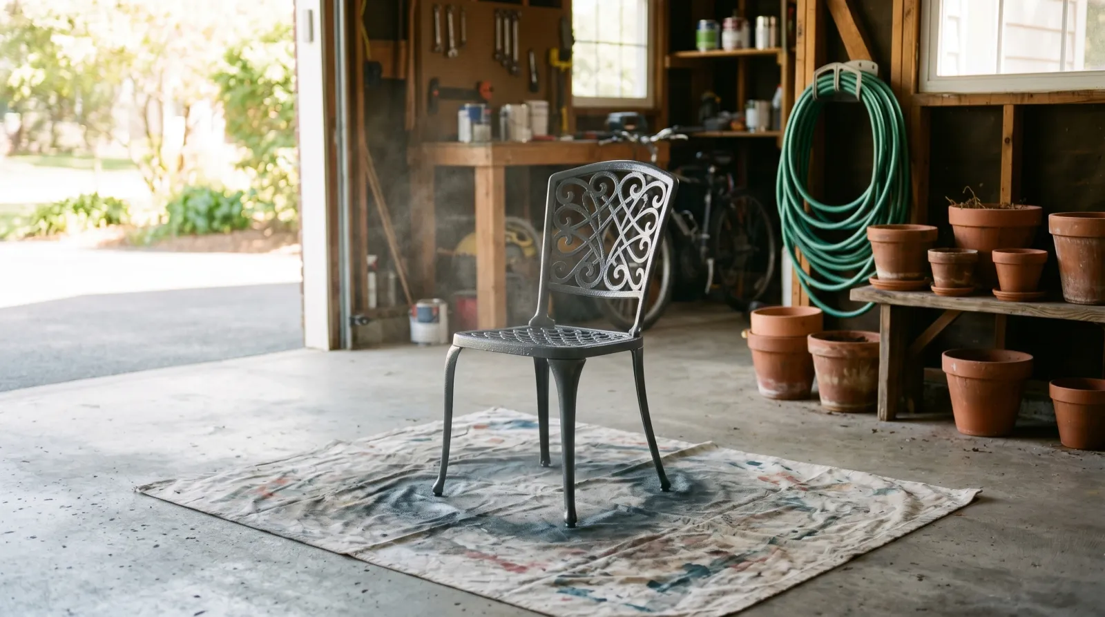 Freshly spray-painted metal bistro chair drying on a drop cloth in a sunlit garage