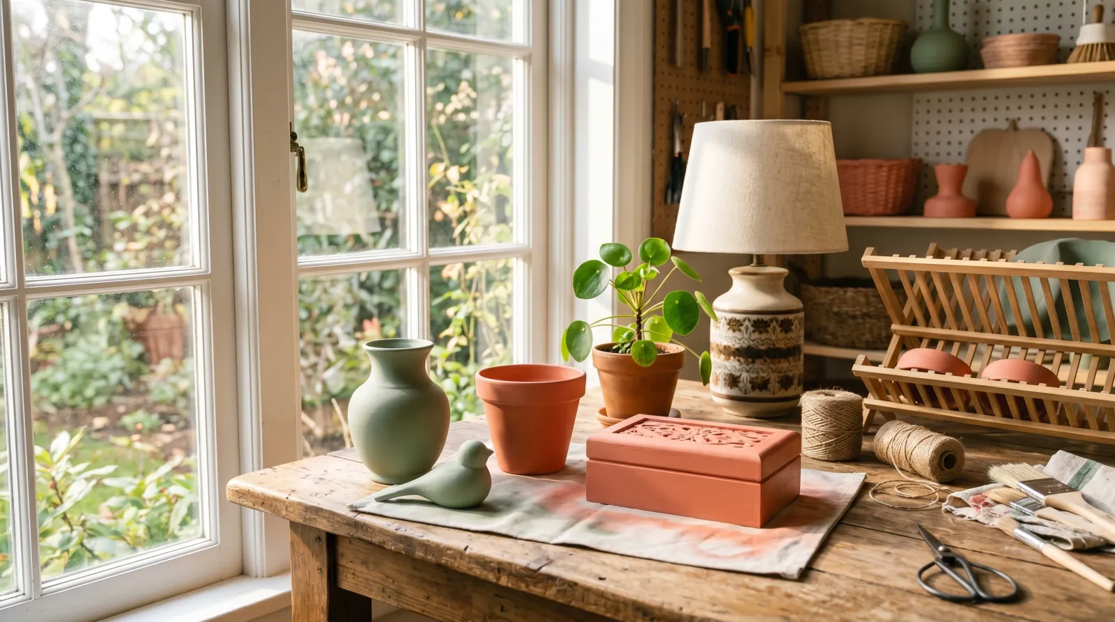 Sunlit craft table with freshly spray-painted decor pieces in sage green and coral beside a small plant and lamp base