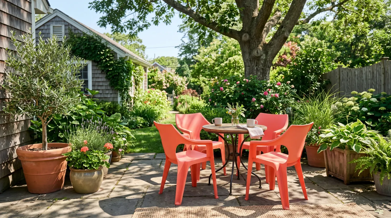 Sunny backyard patio with freshly refinished bright coral plastic chairs around a small bistro table in morning light