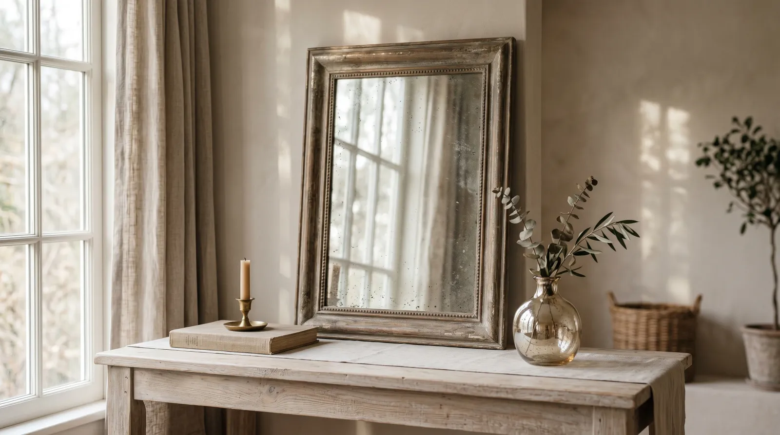 Antiqued mercury-glass mirror and a reflective glass vase on a wooden console in soft daylight