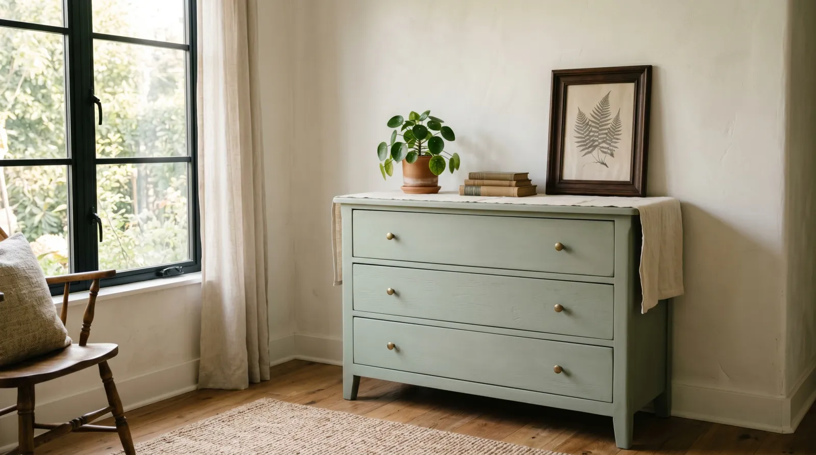 Vintage wooden dresser repainted in soft matte sage green chalk finish, styled in a sunlit room with a potted plant