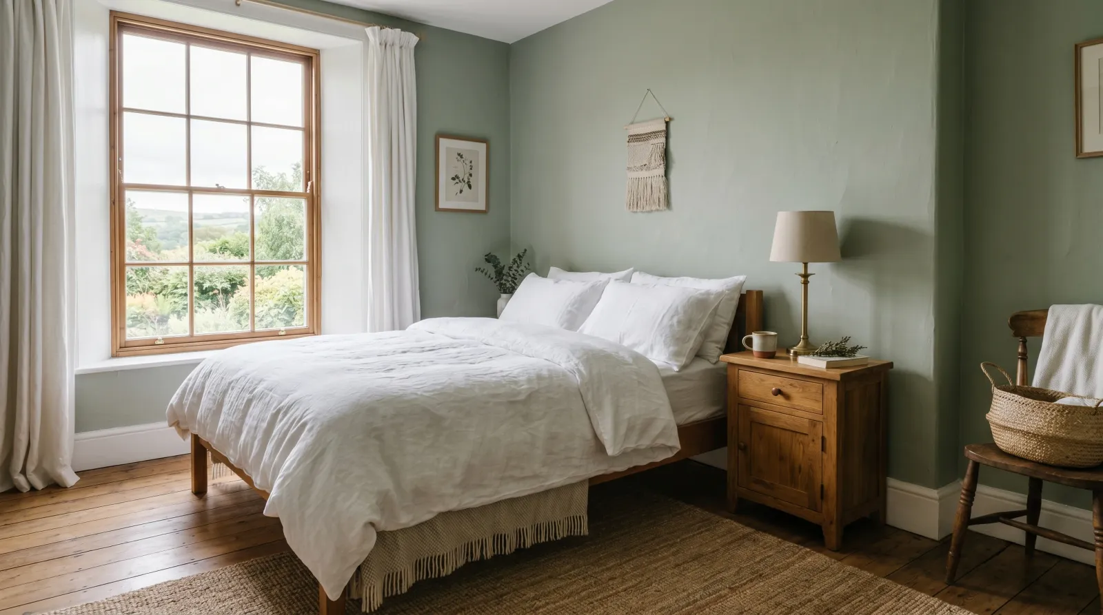Calm farmhouse bedroom with soft muted sage-green walls, white linen bedding, oak nightstand, and brass lamp in soft morning light