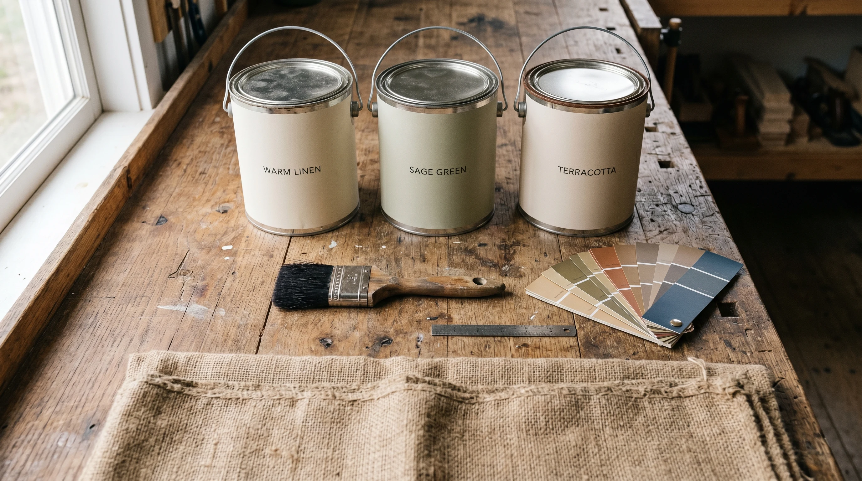 Three paint cans on a reclaimed-wood workbench with a brush, color-deck strips, and a burlap drop cloth