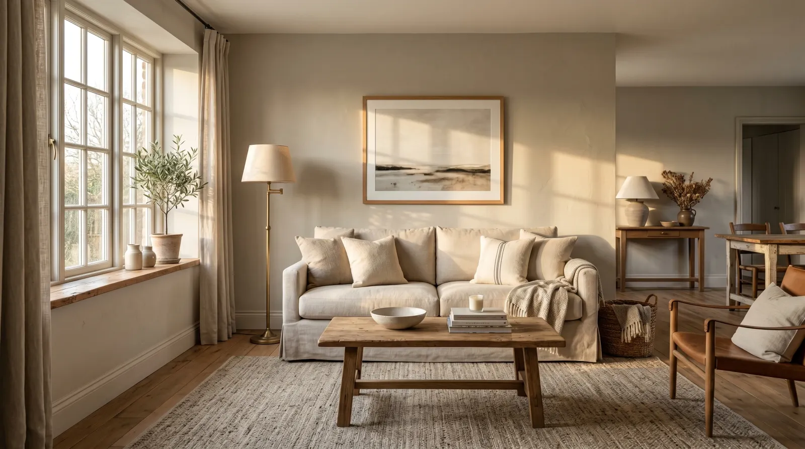 Sunlit farmhouse living room with soft warm greige walls, linen sofa, oak floor, and brass lamp in late-afternoon light